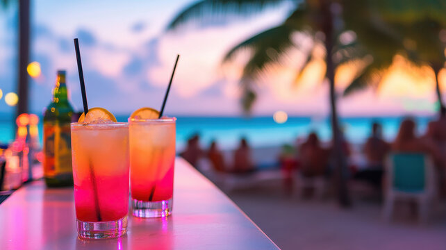 Refreshing cocktails on beachside bar at sunset, with vibrant colors and relaxed atmosphere. Friends enjoy moment, creating lasting memories