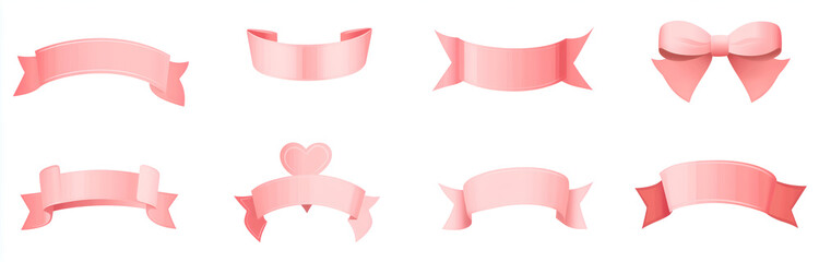 Set of simple vector ribbon banner icons, light pink color on a white background