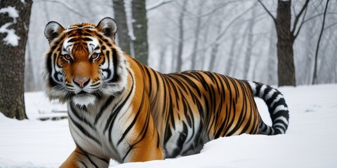 Obraz premium A majestic Siberian tiger, a powerful predator, prowls through a snowy landscape