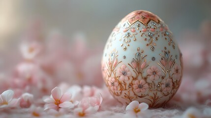 Fototapeta premium A softly colored background with a vintage egg adorned with intricate patterns, positioned on the right side 
