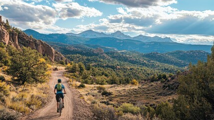 Obraz premium Scenic Cyclist Riding Through Nature with Breathtaking Mountain Views in the Background