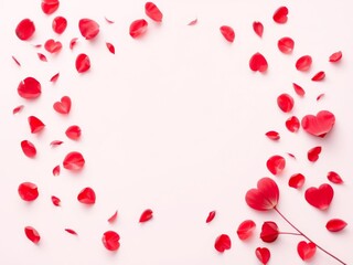 Obraz premium Romantic red rose petals background with central empty frame for AI-generated designs, artificial intelligence, Valentine's Day