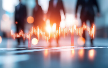 Business professionals walking with sound wave overlay, symbolizing communication and collaboration in corporate environment. image captures dynamic atmosphere
