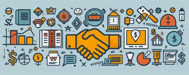 Investment Concept Illustration Featuring Handshake, Financial Icons, and Business Elements