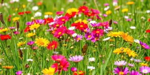 Obraz premium Lush green grass lawn covered with blooming wildflowers in the month of June, colorful, nature