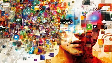 Pixelated Dreamscape: A Woman's Face in a Mosaic of Media | Digital Art | Colorful Portrait | Abstract Collage | Modern Design
