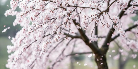 Fototapeta premium Pink sakura petals gently falling in a soft background, pastel, season