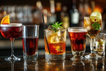 Fototapeta premium Diverse Collection of Cocktails and Alcoholic Beverages in Stylish Glassware