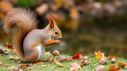 Obraz premium Red squirrel with fluffy tail enjoying a nut snack by the pond on a crisp autumn day, autumn, outdoor