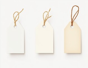 Three blank gift tags with twine hanging on a white background.