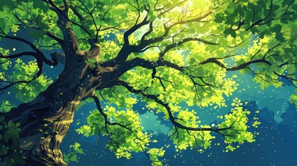 Fototapeta premium Lush green tree canopy, sunlight filtering through leaves.