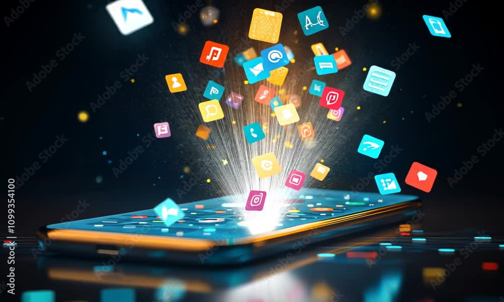 Poster glowing app icons exploding from a smartphone.