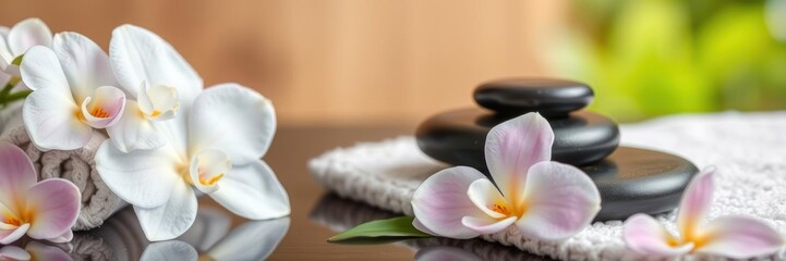 Spa setting with orchid flowers, soft towels, and massage stones, self care, calming