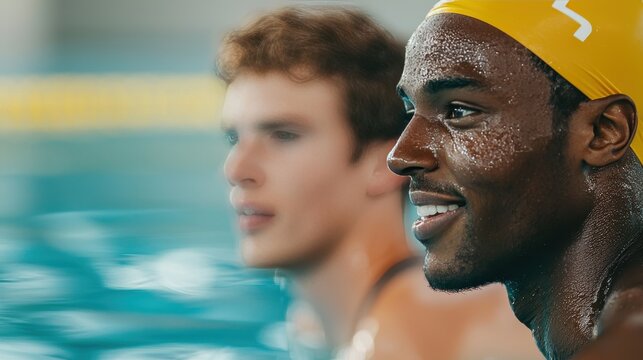 Coach and Swimmer at Poolside Discussing Strategy for Upcoming Swimming Competition