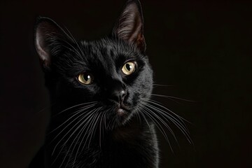 Obraz premium Black cat with striking yellow eyes in low light setting