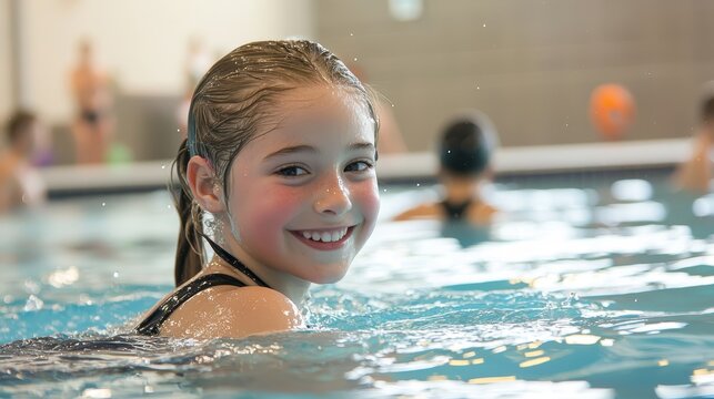 Young Swimmer Practicing in Pool with Joyful Expression During Swimming Lessons