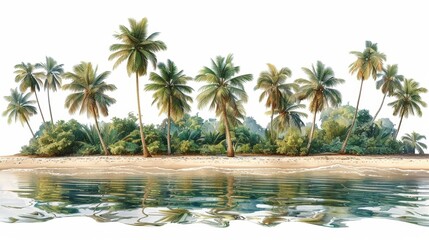 Obraz premium Tropical Island Paradise with Palm Trees and Pristine Beach Reflected in Clear Ocean Water
