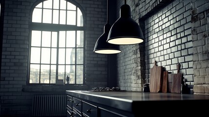 Obraz premium Sleek Minimalist Kitchen with Industrial Lighting and Brick Walls in Modern Urban Loft