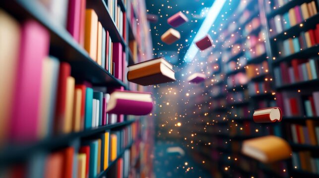 Holographic bookshelves in a zero-gravity environment, books floating freely, gravity-free library, weightless wonder