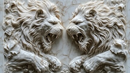 Two Majestic Lions Carved In Marble Stone