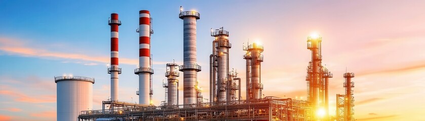 Fototapeta premium Golden Glow of a Sprawling Gas Refinery at Night: A Stunning Industrial Landscape