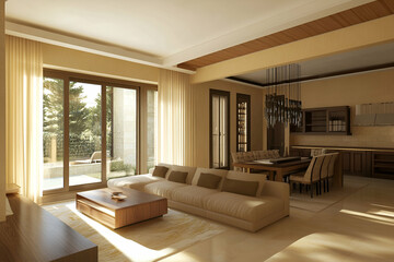Fototapeta premium Beige living room with a combined rest and dining area, large window, and a mockup wall ready for decoration in a minimalist style