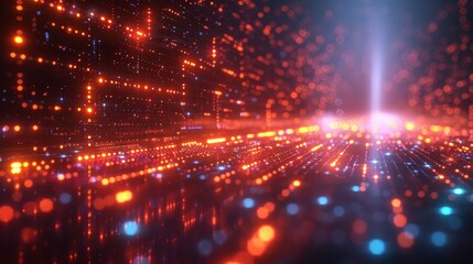 Obraz premium Futuristic Digital Landscape with Glowing Neon Lights and Abstract Geometric Patterns in a High-Tech Virtual Environment