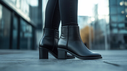 Fototapeta premium Chic women's ankle boots in black leather with a modern design, set against a minimalist urban background 