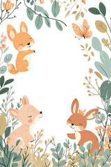 Naklejka premium Cute baby shower postcard illustration featuring woodland animals amidst floral designs