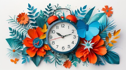 Vibrant Paper Art Collage with Clock and Floral Elements Illustrating the Concept of Time and Nature in a Modern Artistic Style