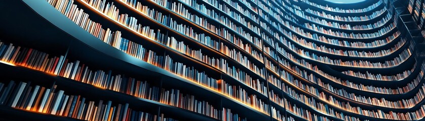 Obraz premium Interactive virtual bookshelves forming glowing towers as users navigate, dynamic tower library, adaptive innovation