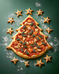 A very juicy and delicious pizza made in the shape of a Christmas tree with decorations, placed on a solid green background, in the spirit of Christmas and New Year