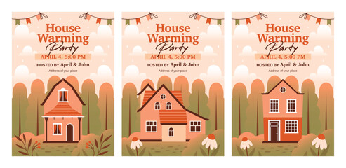 House Warming Party. Collection of invitation templates with cute vector illustrations of various houses, cottages, resident buildings on nature background with forest, flowers, plants, garlands.