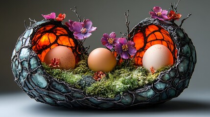Fantasy-inspired basket with cracked eggshells and vibrant elements, evoking a sense of discovery 