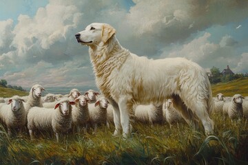 Obraz premium Kuvasz with Flock of Sheep