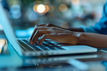 Person's Hand Studying Salary Survey Results on Laptop Close-up