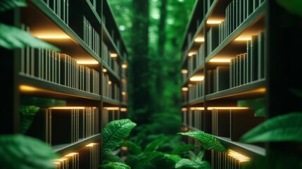 Obraz premium Library shelves glowing softly in rhythm with calming nature sounds in a tranquil forest library setting, forest rhythm library, peaceful immersion