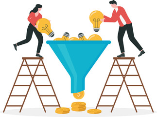 Gathering and filtering business idea to make money, earning or profit from sharing creativity or innovation in business team concept. Colleagues put light bulb ideas into funnel to earn money coins.
