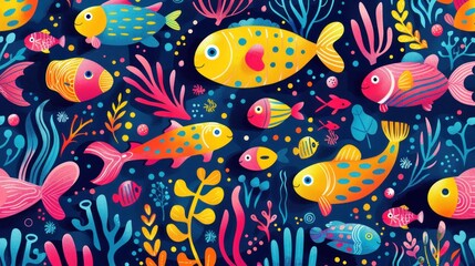 Obraz premium Colorful cartoon fish and coral reef seamless pattern.
