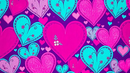 Fototapeta premium Vibrant Hearts Pattern A Colorful, Romantic Design Featuring Pink, Purple, and Turquoise Hearts with Floral Accents