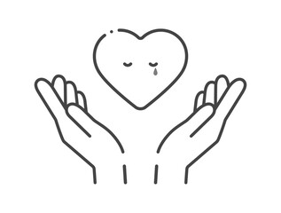 Obraz premium 泣いているハートを両手で包む手の線画アイコン - 思いやり、チャリティーやメンタルヘルスのイメージ