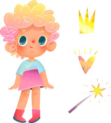 Little princess character design. Cute girl wearing princess costume and items like a shiny magic wand, shiny crown and a loving heart. Colorful fairy tale vector clip art graphics for children. © Popmarleo