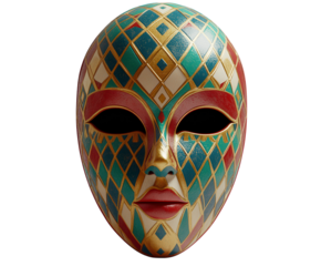 Harlequin mask on red surface, isolated. PNG transparent.