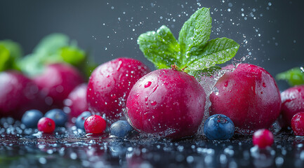 Red plums, blueberries, and red currants, with water droplets and mint leaves