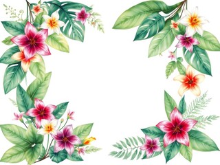 Naklejka premium Tropical floral watercolor border with white copy space, exotic flowers, leaves, greenery, botanical illustration, exotic, background
