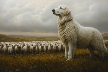 Obraz premium Kuvasz with Flock of Sheep