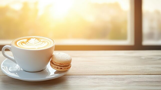 Coffee and bakery bistro table with latte and macaroons, bright natural lighting