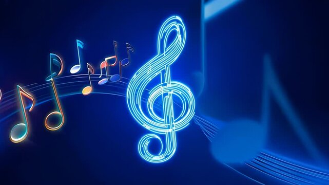 Glowing neon musical notes flowing around treble clef