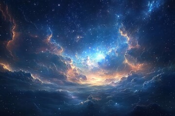 Obraz premium A stunning, digitally painted depiction of a starry night sky, featuring a swirling nebula, clouds, and a bright light emanating from the center.