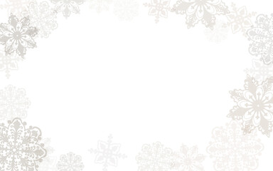 Fototapeta premium Christmas horizontal template for greeting card,invitations 1:1.6 size vintage openwork airy snowflakes in beige and gray colors on perimeter on a white background.Hand-drawn watercolor illustration